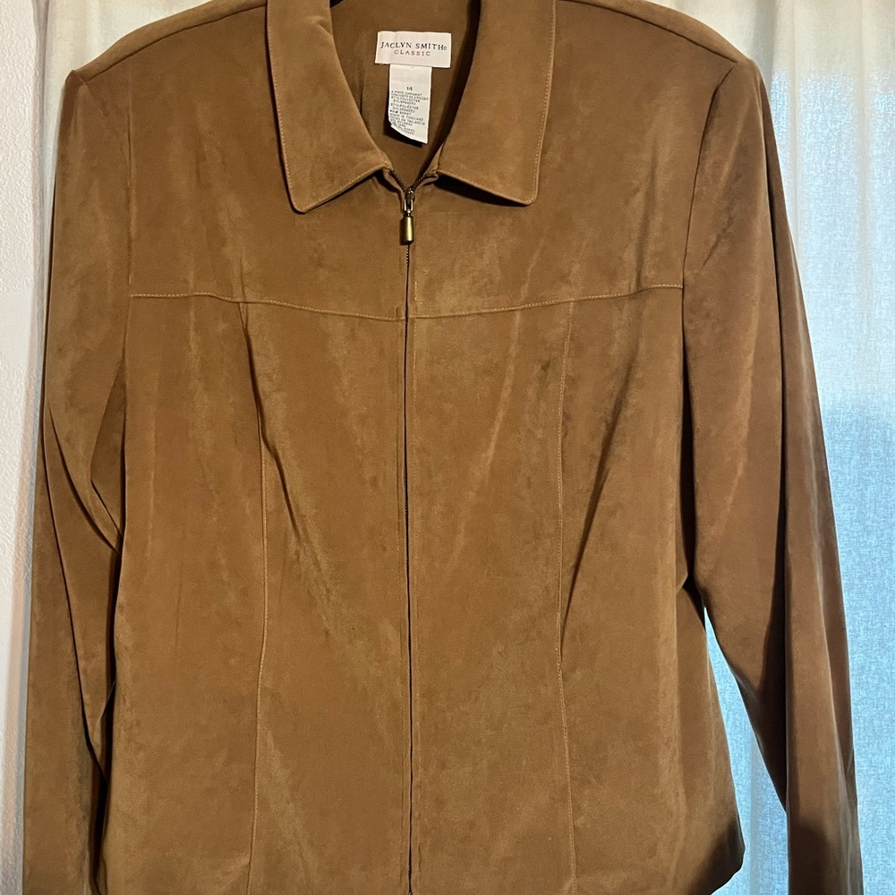 Jacket, sipper front, Carmel color, soft suede feel, light shoulder pads